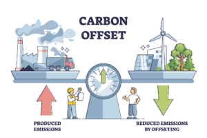 Conceptual art of Carbon Offset balancing emissions and renewable solutions.