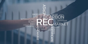 Renewable energy certificates (REC) and carbon market terminology depicted in a business handshake context.