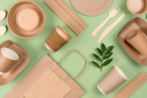 Assortment of sustainable packaging items including paper bags and wooden utensils.