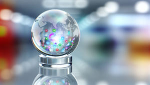 Graphic of a crystal ball with data charts, highlighting global predictive analytics tools.