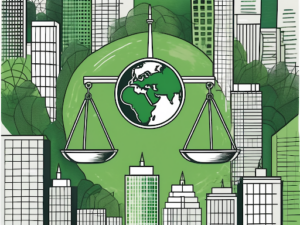 Illustration of a balanced scale integrating the Earth with city skyline, representing corporate greenhouse gas regulations and compliance.