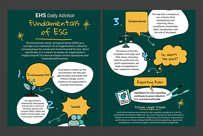 ESG Fundamentals infographic explaining Environmental, Social, and Governance aspects including their impact on business, reporting rules, and future legal issues