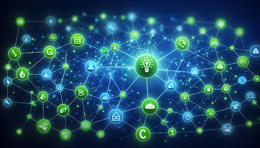 Illustration of a network of interconnected data points representing ESG software as a strategic asset for sustainable growth